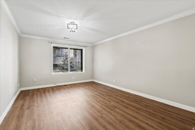 Empty room with ornamental molding and wood finished floors