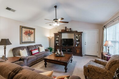 Bright Living Room 16x15 -  Vaulted Ceiling, Ceiling Fan and Garage Entrance. 