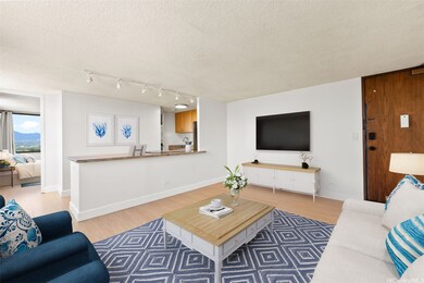 Enhanced photo of living/kitchen.