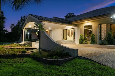 Twilight of entry from circular driveway