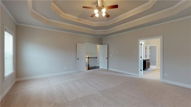 Stock photo of Unfurnished bedroom with a raised ceiling, light carpet, ornamental molding, and baseboards