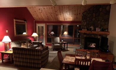 Living area featuring wooden ceiling, a stone fire