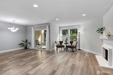 Living room with sleek modern flooring.