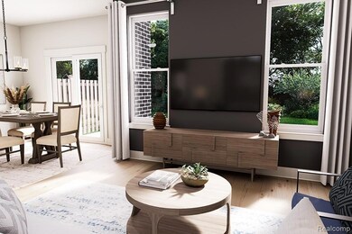 Great room featuring wood finished floors and a chandelier