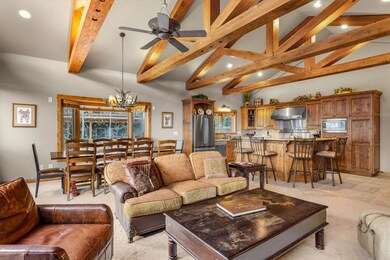 Open floorplan, robust timbers on a vaulted ceilin