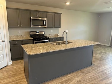 Kitchen featuring appliances with stainless steel finishes, light wood finished floors, and gray cabinetry