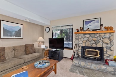 Carpeted living area with a fireplace