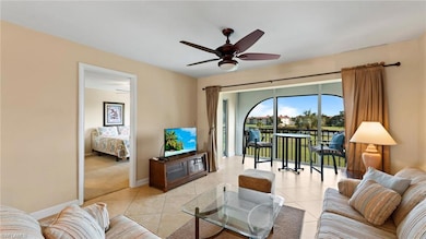 Tiled living room with ceiling fan