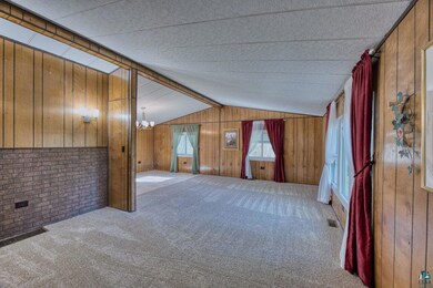 Empty room with carpet, a chandelier, wooden walls
