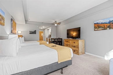 Carpeted bedroom featuring ceiling fan