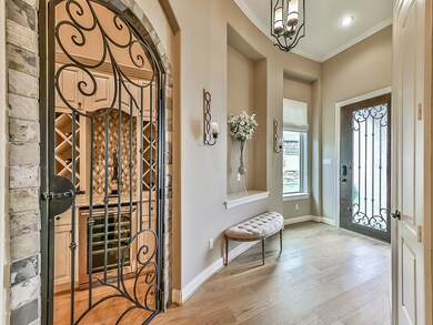 Wine grotto with custom cabinetry, granite counters with tile back-splash with wrought iron door framed with stone.