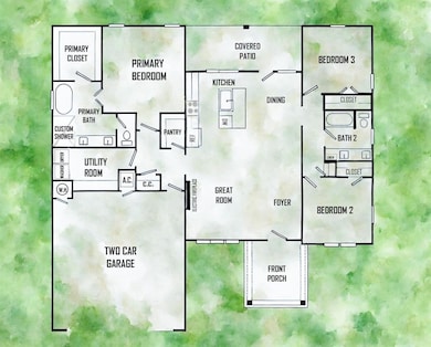 Illustrated floorplan featuring 3 bedrooms and two