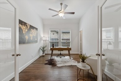 You are going to love the morning commute. This spacious study is tucked behind French doors providing all the privacy needed to make calls or attend online classes and meetings. This room also features beautiful vinyl plank flooring, neutral paint, a raised ceiling with a lit fan and neutral paint. With a large closet, this room would also work well as bedroom #4.