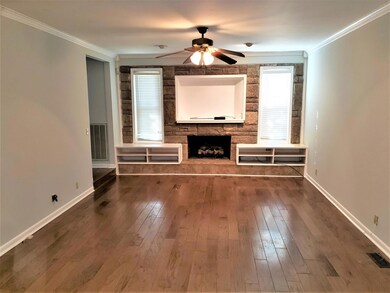 Living area with built in shelving!