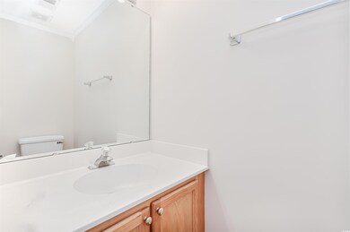 Bathroom featuring crown molding, vanity, and toilet