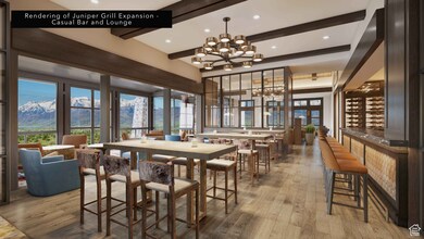 Dining room featuring light wood-type flooring, beamed ceiling, a mountain view, and a chandelier