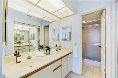 Primary bathroom has double sink vanity and a  lar