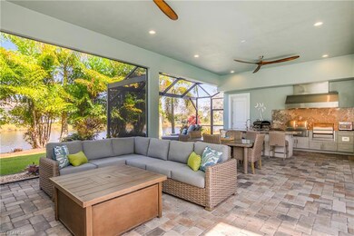 Outdoor cooking and dining on one side, lounging s