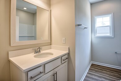 Bathroom with hardwood / wood-style flooring and v