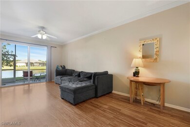 Living room featuring water view