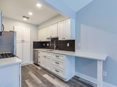 Kitchen with dark wood-style flooring, stainless 