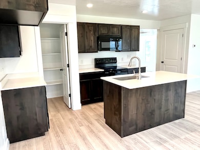 Kitchen featuring black appliances, a sink, light wood-style flooring, light countertops, and an island with sink