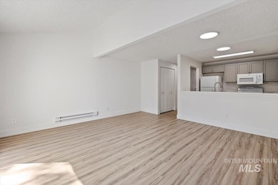 Unfurnished living room featuring a textured ceiling, light wood-type flooring, and baseboard heating
