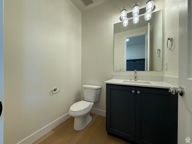 Bathroom with light wood-type flooring and vanity