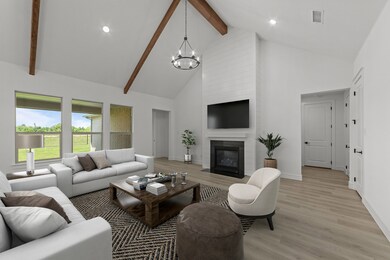 Great room with vaulted ceiling & stained ceiling beams