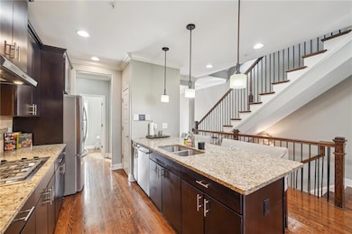 Kitchen featuring appliances with stainless steel finishes, dark wood finished floors, dark brown cabinetry, ornamental molding, and recessed lighting