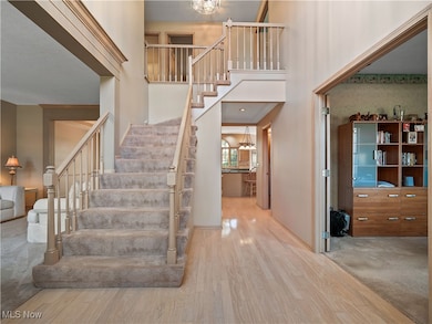 Stairs with a chandelier, wood finished floors, a towering ceiling, and carpet floors