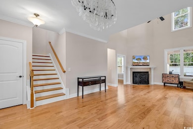 Living room with light wood-type flooring, a chand