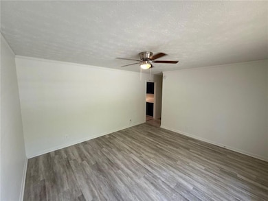 Empty room featuring wood finished floors, a textured ceiling, and a ceiling fan