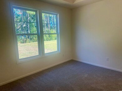 Spare room with dark colored carpet and baseboards