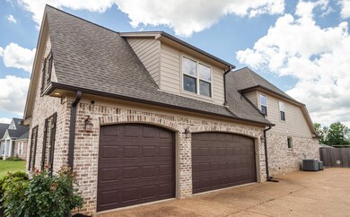 View of property exterior with brick siding, cooling unit, concrete driveway, a garage, and roof with shingles