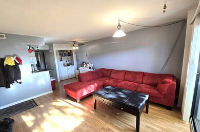 Living area featuring wood finished floors, a ceiling fan, and washer and clothes dryer