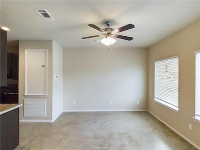 Carpeted empty room with ceiling fan and a healthy