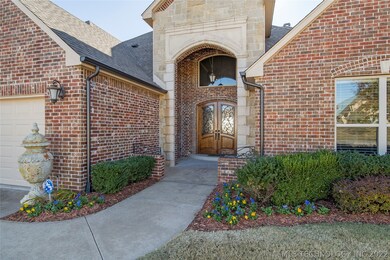 Covered porch and double door entry.