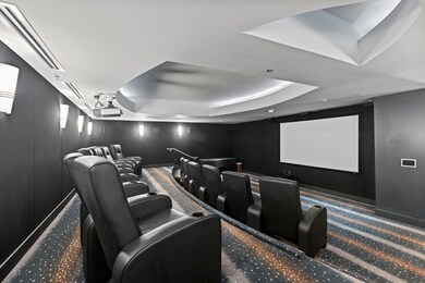 Carpeted home theater room featuring a raised ceil