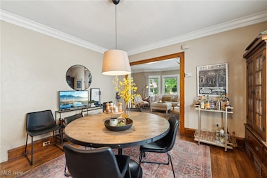 Dining room with crown molding and hardwood / wood-style floors