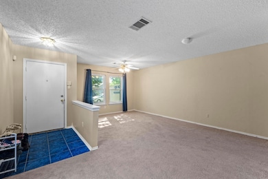 Carpeted entrance foyer with a ceiling fan, a tex