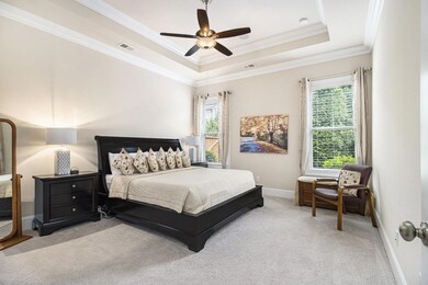 The Main-Level Primary Suite is a True Retreat, featuring a Tray Ceiling, Spa-Inspired Bathroom with Dual Vanities, a Tiled Shower, a Soaking Tub, and a Spacious Walk-In Closet
