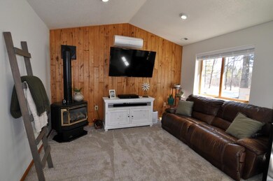 Living room with wood accent wall, vaulted ceiling, propane fireplace and  large windows.