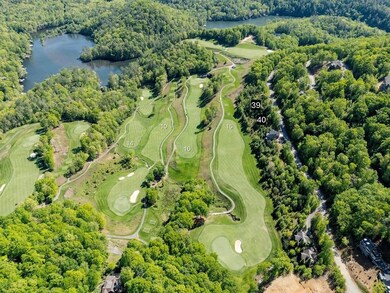 Drone / aerial view of a nearby body of water and a golf course