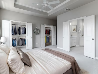 Bedroom with carpet, a tray ceiling, a closet, connected bathroom, and ceiling fan
