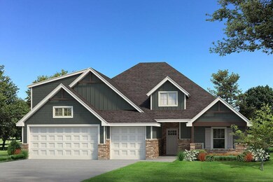 Craftsman house with board and batten siding, a front lawn, driveway, a garage, and brick siding