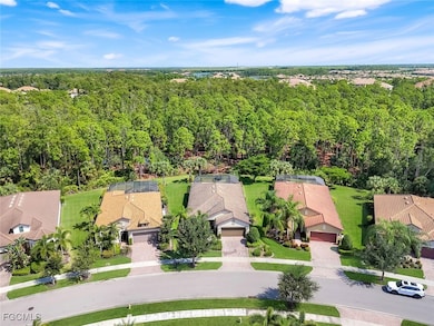 Aerial perspective of suburban area featuring a heavily wooded area