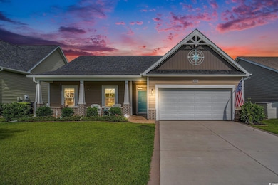 Craftsman house with concrete driveway, an attached garage, a front lawn, and a porch