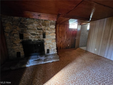 Unfurnished living room featuring wooden walls, carpet flooring, and a stone fireplace