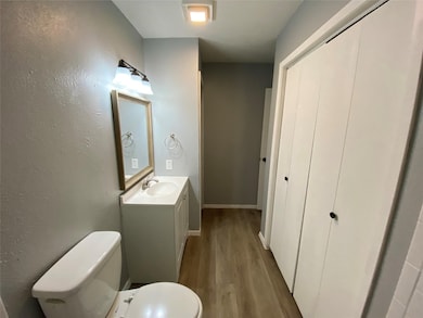 Bathroom with light wood-style floors, vanity, and a textured wall
